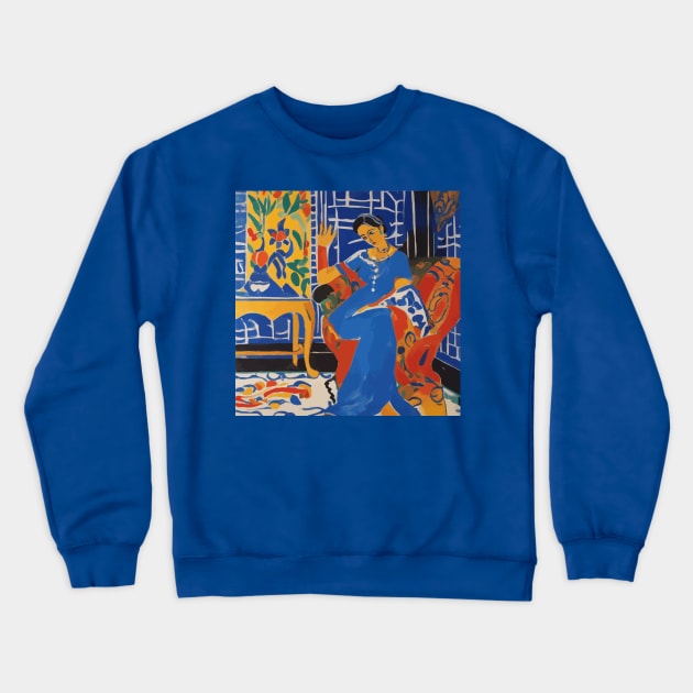 Woman in a Blue Dress After Matisse Crewneck Sweatshirt by bragova